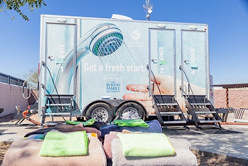 Hygiene area providing showers and clean clothes